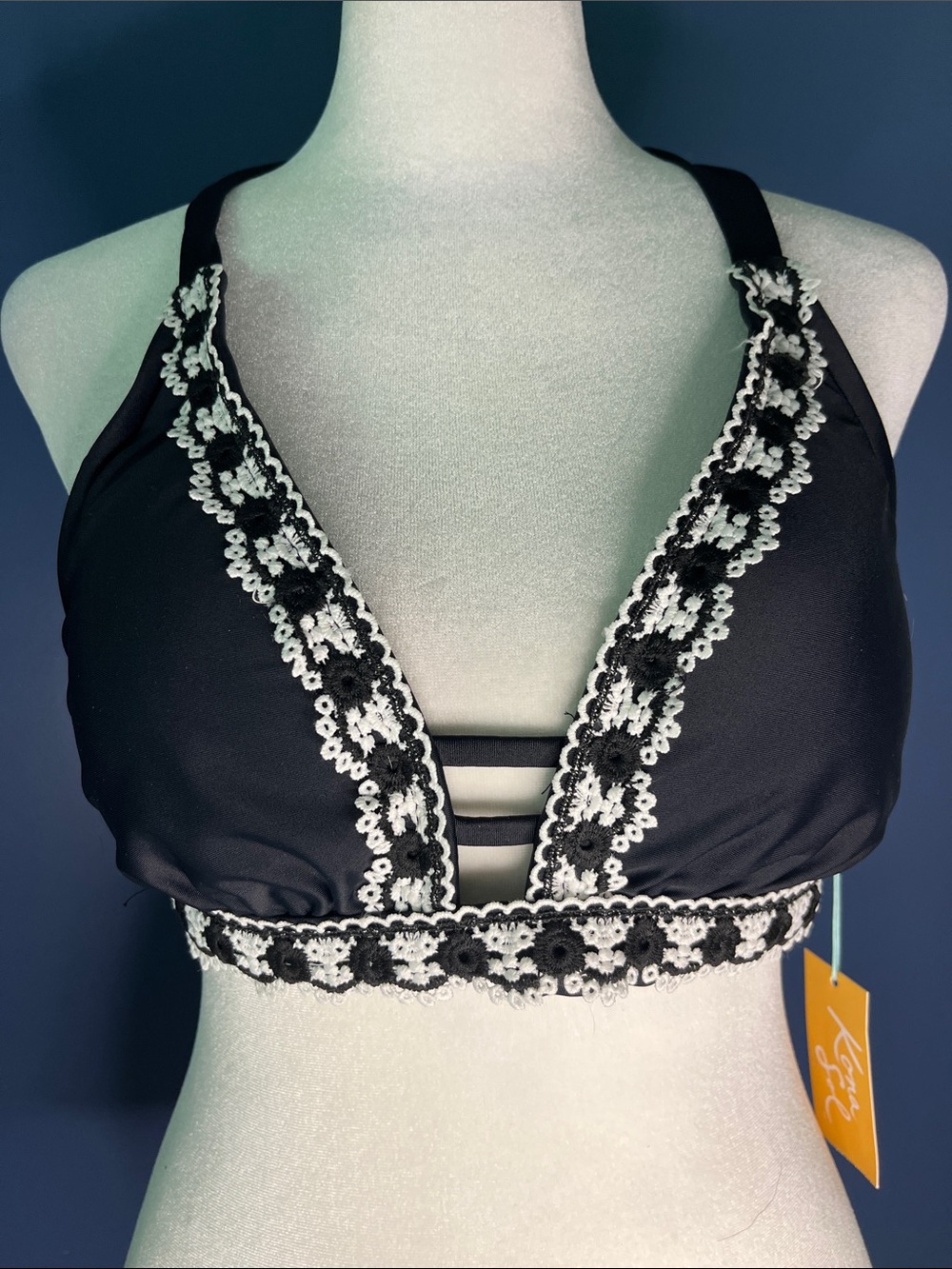 Kona Sol Black Bikini top with White Embroidered Trim, size small, New with tag
